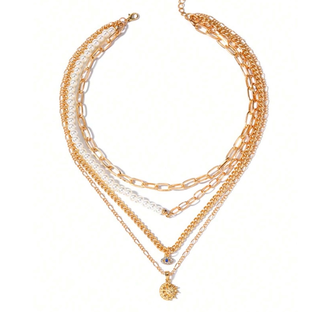 Boho Gold Tone Evil Eye Moon Multilayer Necklace - Picture 4 of 4